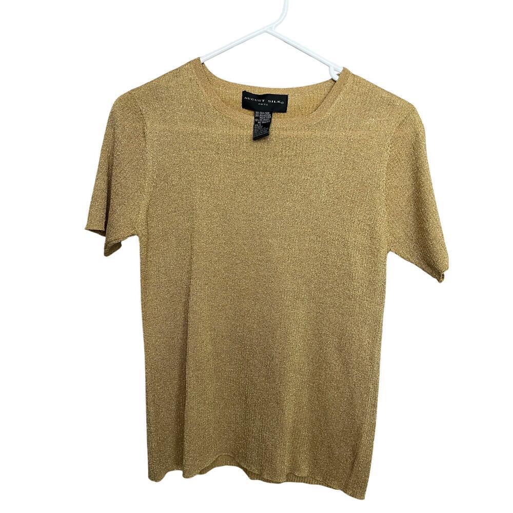 August Silk Metallic Gold Silk Top S Short Sleeve Y2K Party Chic Luxe
